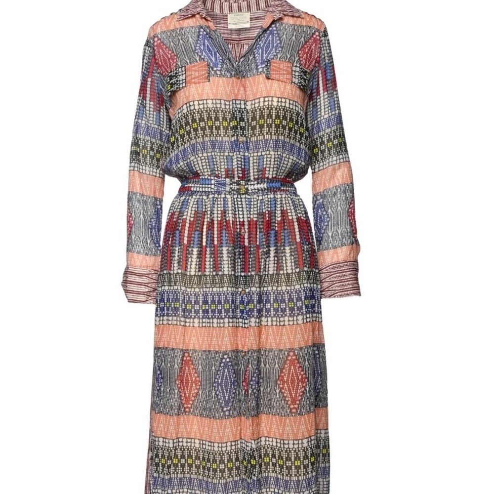 Giada Forte Button Down Long Sleeve Midi Shirt Dress 6 Printed Boho Western